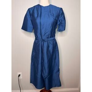 1950s L'Aiglon Rayon Silk Blue Iridescent Old Money Tea Party Volup Dress XL